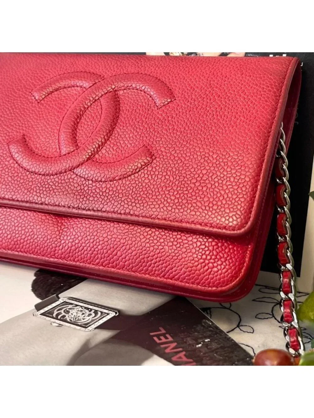 Chanel Chain Wallet Jumbo CC Logo Caviar Leather Red Shoulder Bag